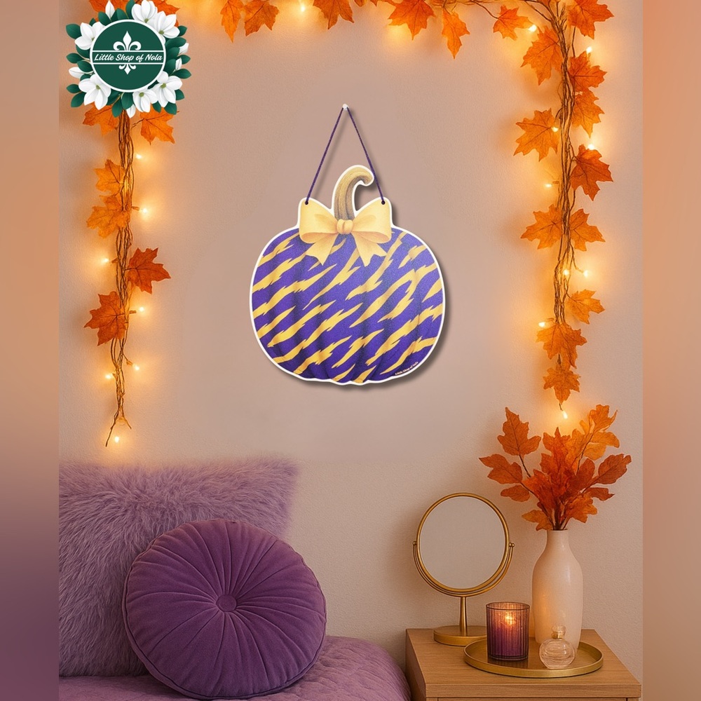 Purple Gold Tiger Stripes Bow Pumpkin Louisiana Halloween Decor Fall Door Hanger